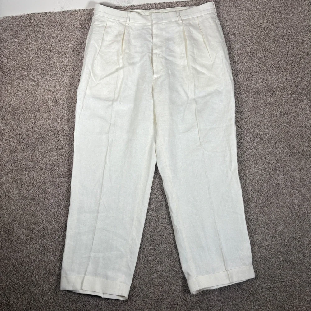 Polo Ralph Lauren Mens 38x30 Cream 100% Linen Pleated Cuffed Trousers Pants